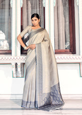 Pure Kanjivaram pastel gray light shaded weaving silk handloom saree with contrasting dark border